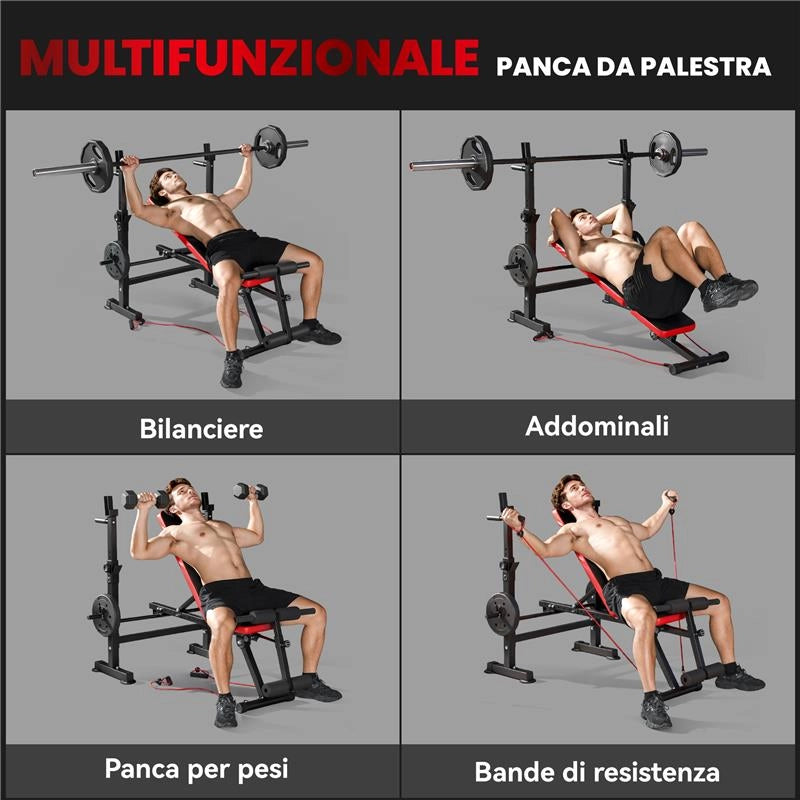 PANCA FITNESS CON RACK PER PESI, SCHIENALE E SEDILE REGOLABILI, DIP STATION, CAPACITÓ 420 KG