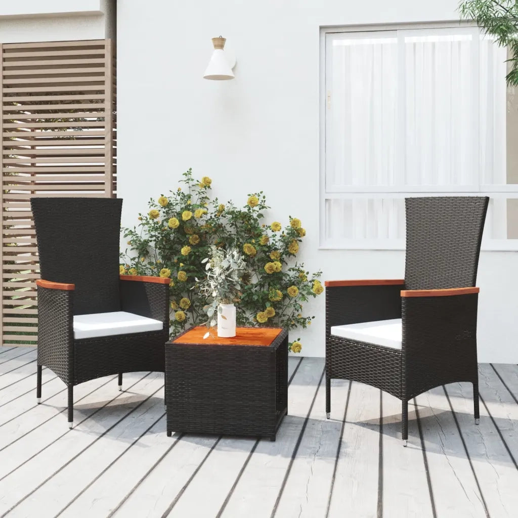 Set Mobili Giardino 3pz Nero Polyrattan e Legno Massello Acacia 3157648