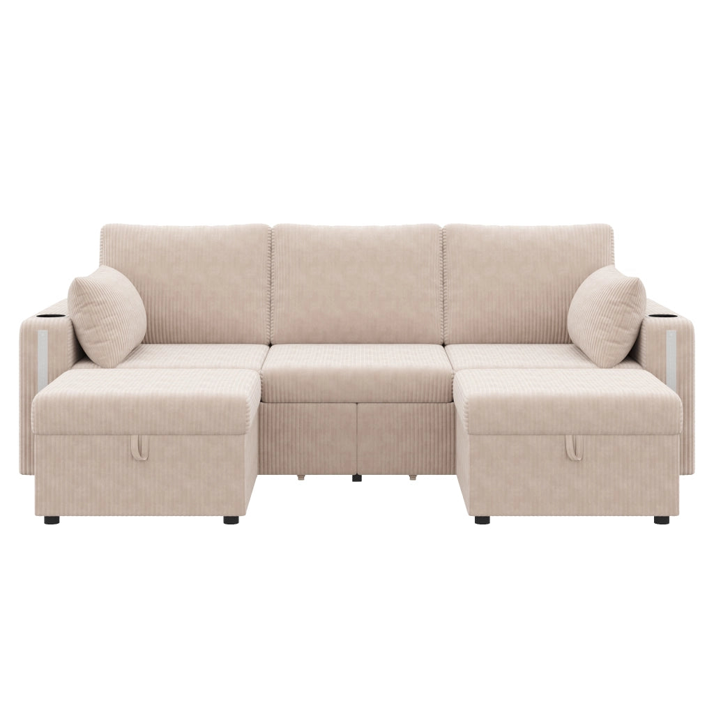 Divano modulare U/L con pouf contenitore, LED, USB/Type-C e schienale con cuscini, beige