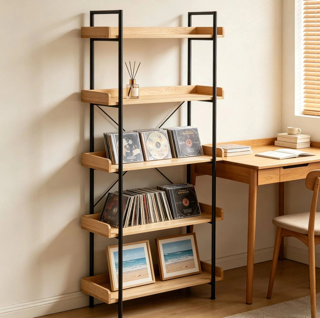 Libreria a 5 ripiani in MDF e metallo, rovere chiaro e nero