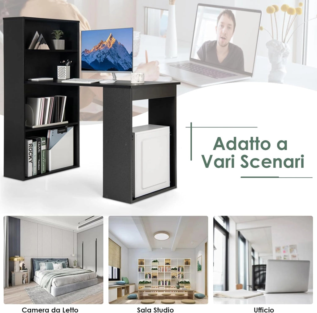 Scrivania per Computer con Libreria, Scrivania Salvaspazio Moderna con 6 Ripiani e Base Ampia, Scrivania Porta PC Moderna per Casa e Ufficio, 122 cm x 51 cm x 122 cm (Nero)