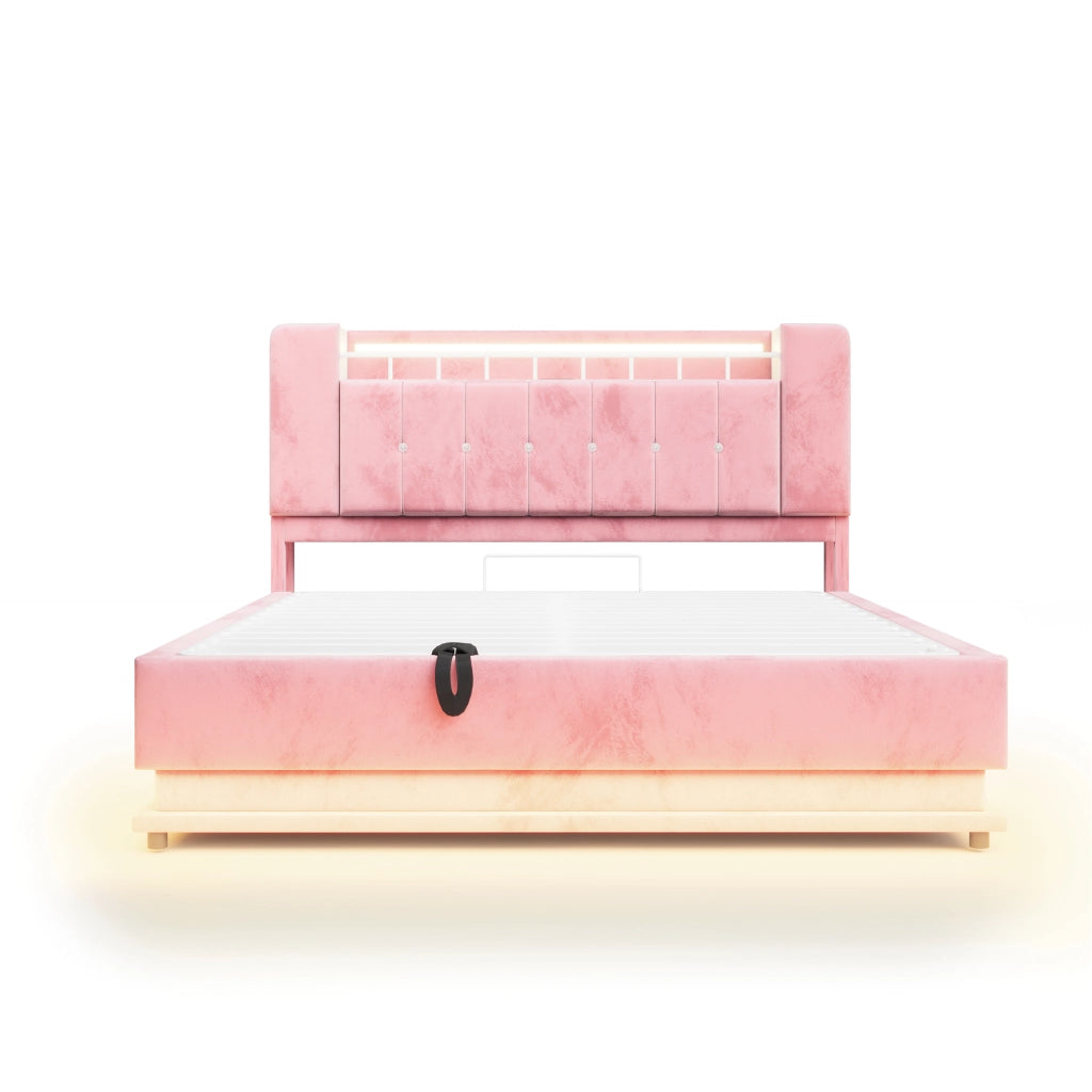Letto imbottito rosa 160x200 con LED; USB e contenitore idraulico