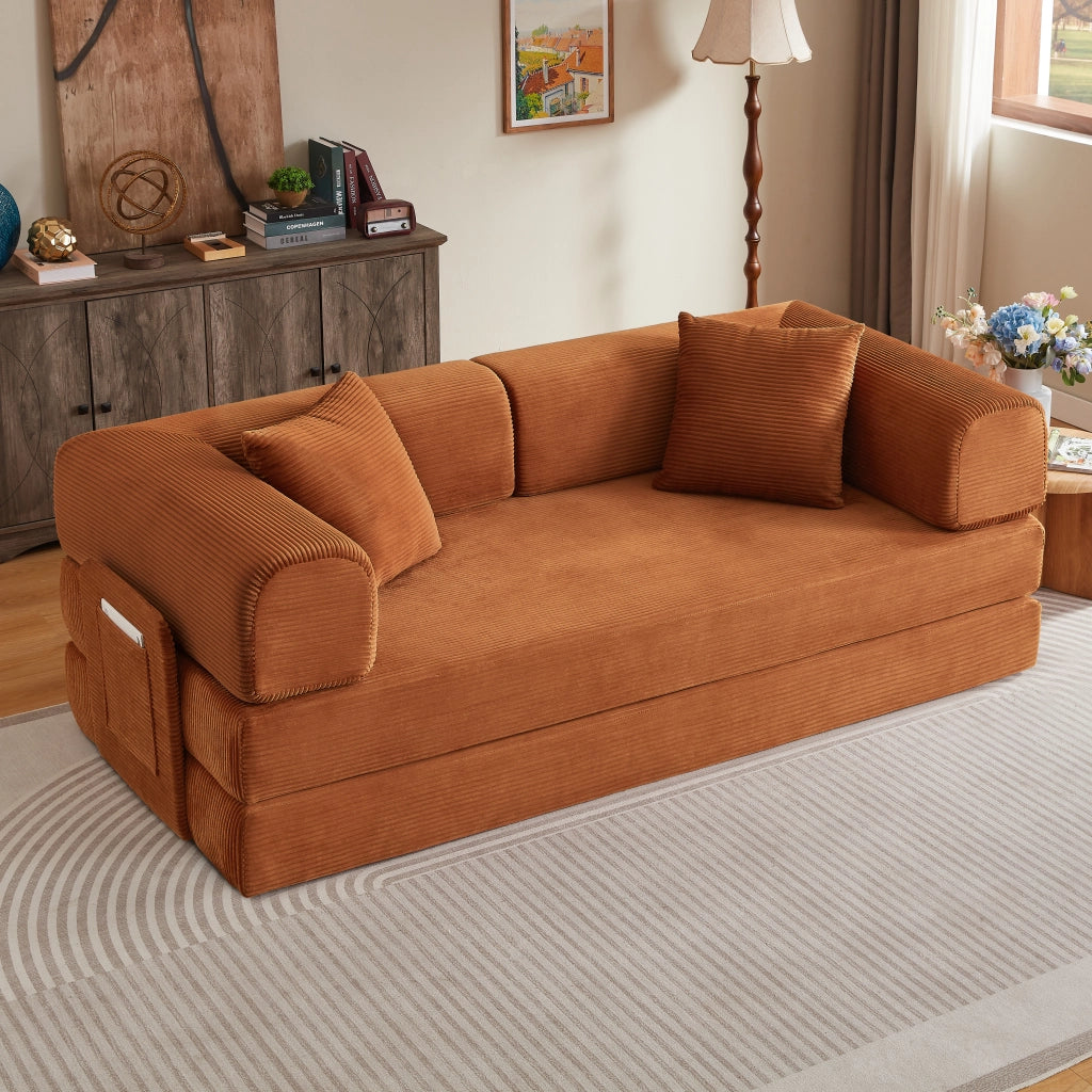 Divano letto 2 posti pieghevole con cuscini e struttura in acciaio cromato in velluto a coste terracotta