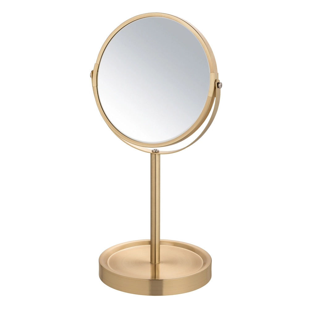 Specchio trucco da appoggio 35H in acciaio oro opaco con ingrandimento 3x e base portaoggetti