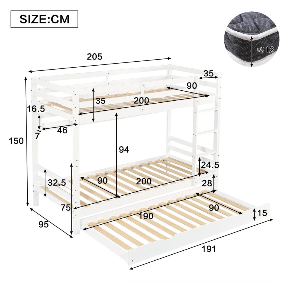 Letto a castello con ripiani in legno massiccio e MDF 90x200 cm