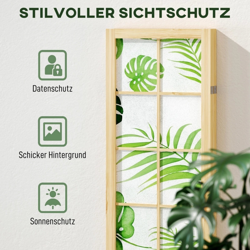 Divisorio a 4 pannelli pieghevole ¨C Minimal ¨C design Boho motivo tropicale cornice in legno verde