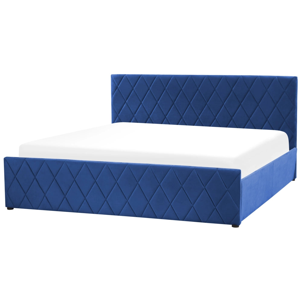 Letto contenitore Rivestimento in velluto blu 180 x 200 cm con testiera trapuntata a rombi con base a doghe
