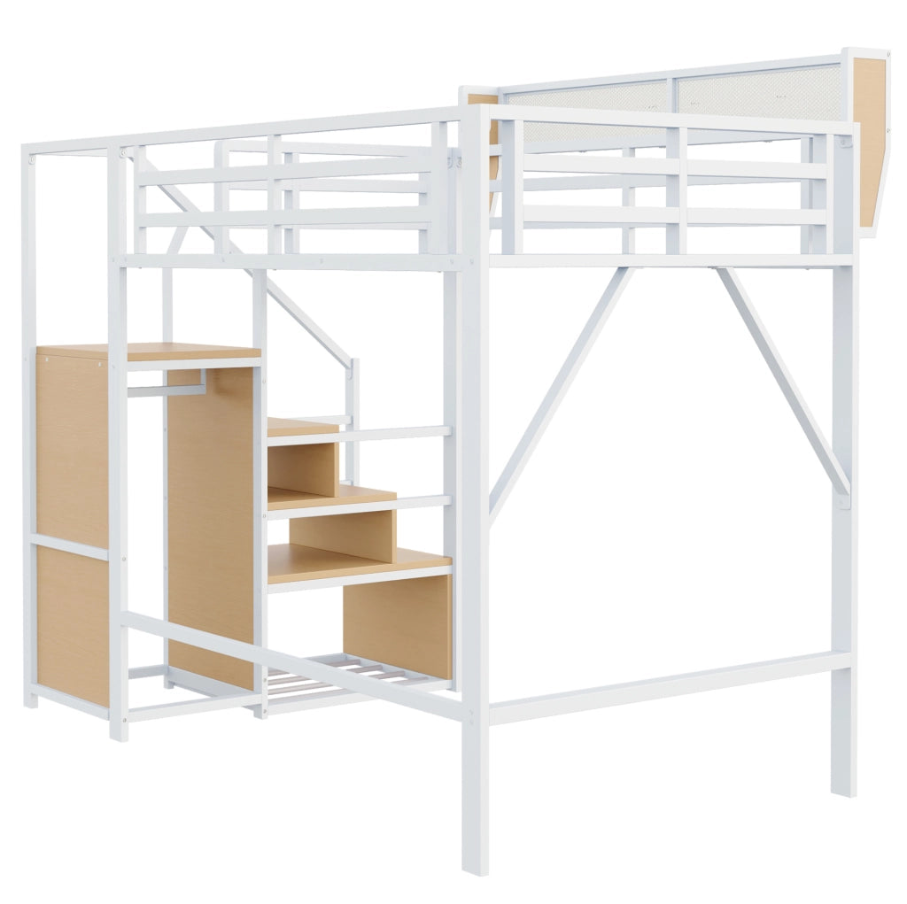Letto a soppalco 140x200 cm con scala di sicurezza e ripiano flessibile in metallo bianco