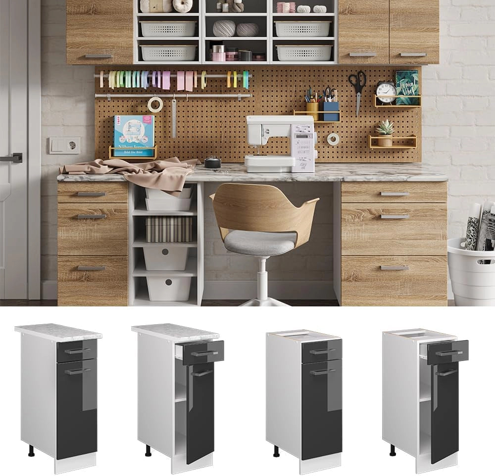Base universale R-Line, Antracite lucido, 30 cm con cassetto, senza piano di lavoro, adatto per essere riposto in modo salvaspazio nelle cucine componibili