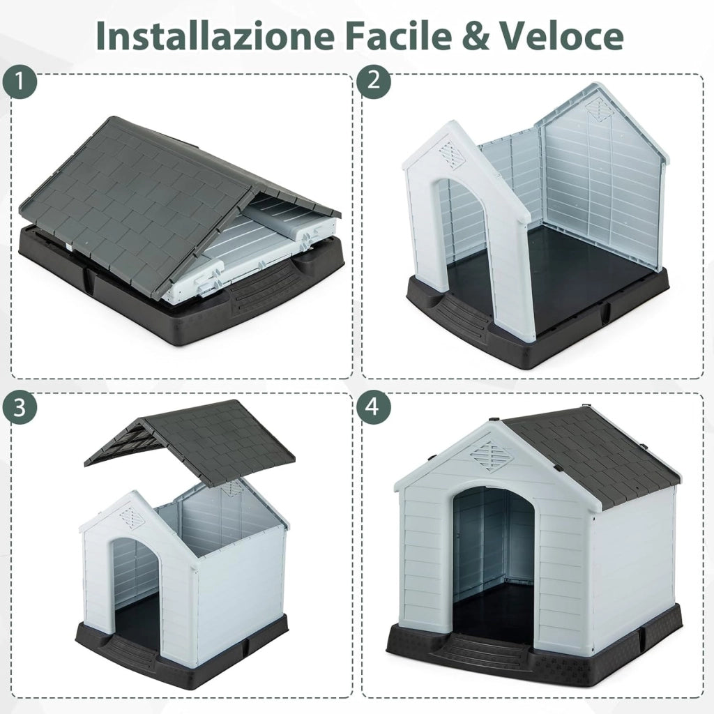 Cuccia per Cani da Esterno ed Interno, Casetta Impermeabile e Ventilata con Valvole d’Aria e Pavimento Rialzato, per Cani di Piccola e Media Taglia (Grigio, 70 x 65 x 71,5 cm)
