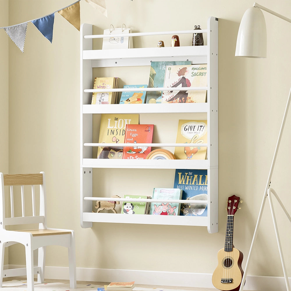 SoBuy | Libreria montessoriana per bambini bianca con 4 ripiani | Libreria per bambini | Porta libri per bambini | 80.0x12.0x118.0 cm | Capacità di carico 24 kg | KMB08-II-W