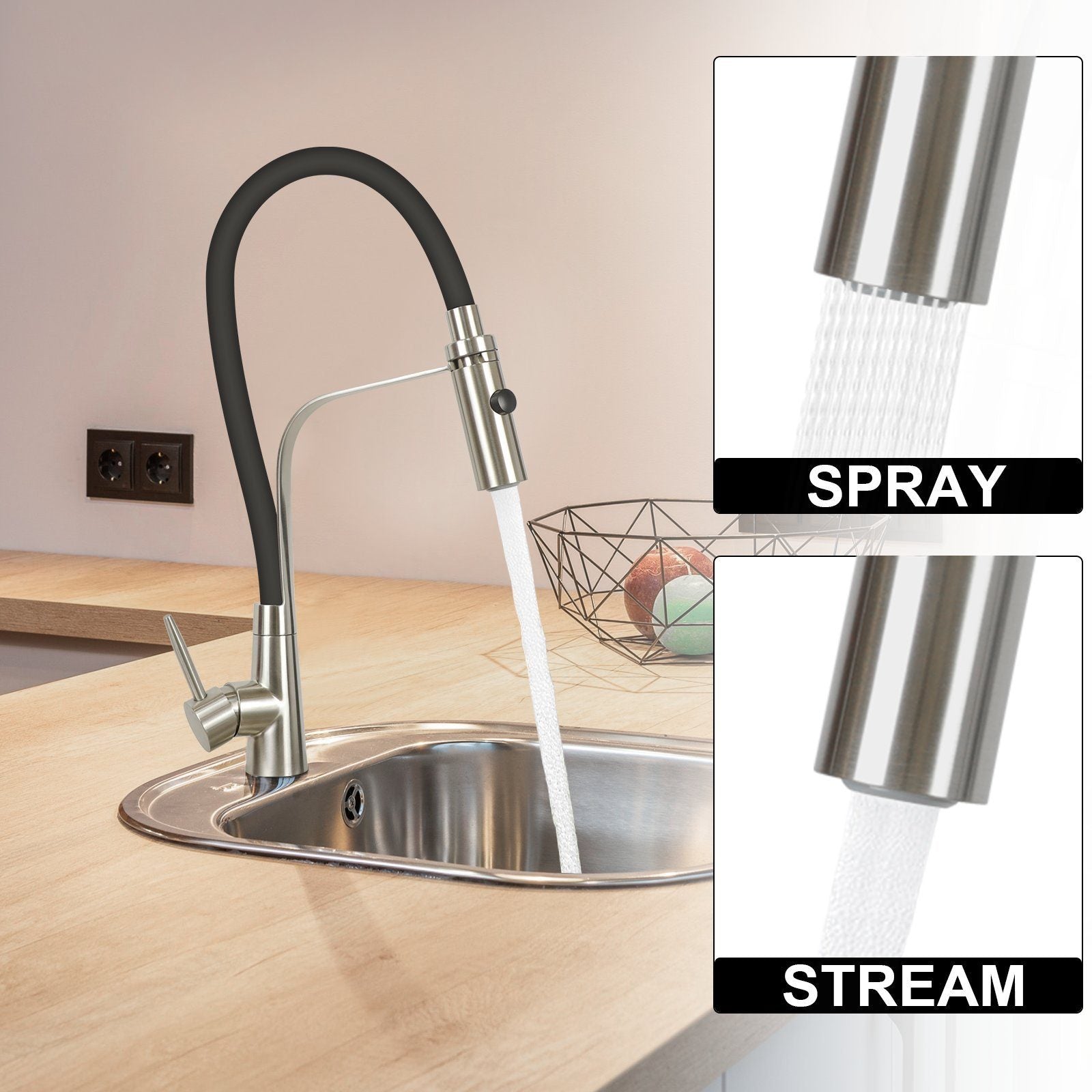ZMH Rubinetto da cucina nero Rubinetti con doccetta da cucina girevole a 360°