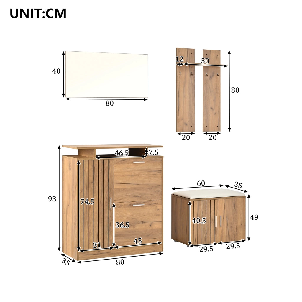 Mobile da ingresso con panca portascarpe, specchio, 5 ante e 4 ganci, in truciolare, naturale, 140 × 35 × 133 cm