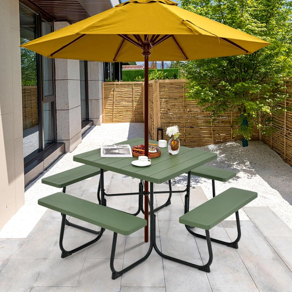 Set di tavolo da picnic per 8 persone, tavolo quadrato e 4 panche in HDPE, con foro per ombrellone, texture simile al legno, per giardino, patio (verde)