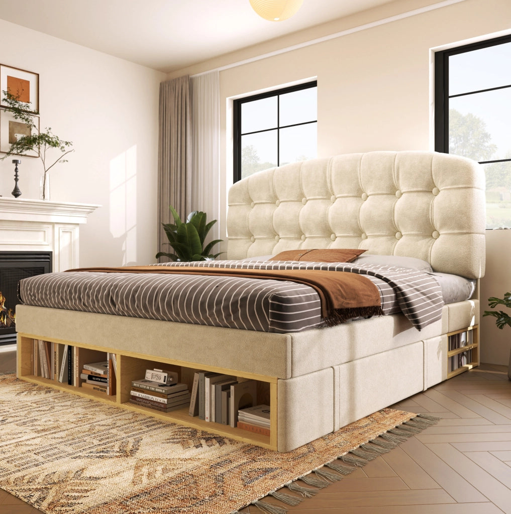 Letto singolo imbottito 90x200 cm beige con cassetti