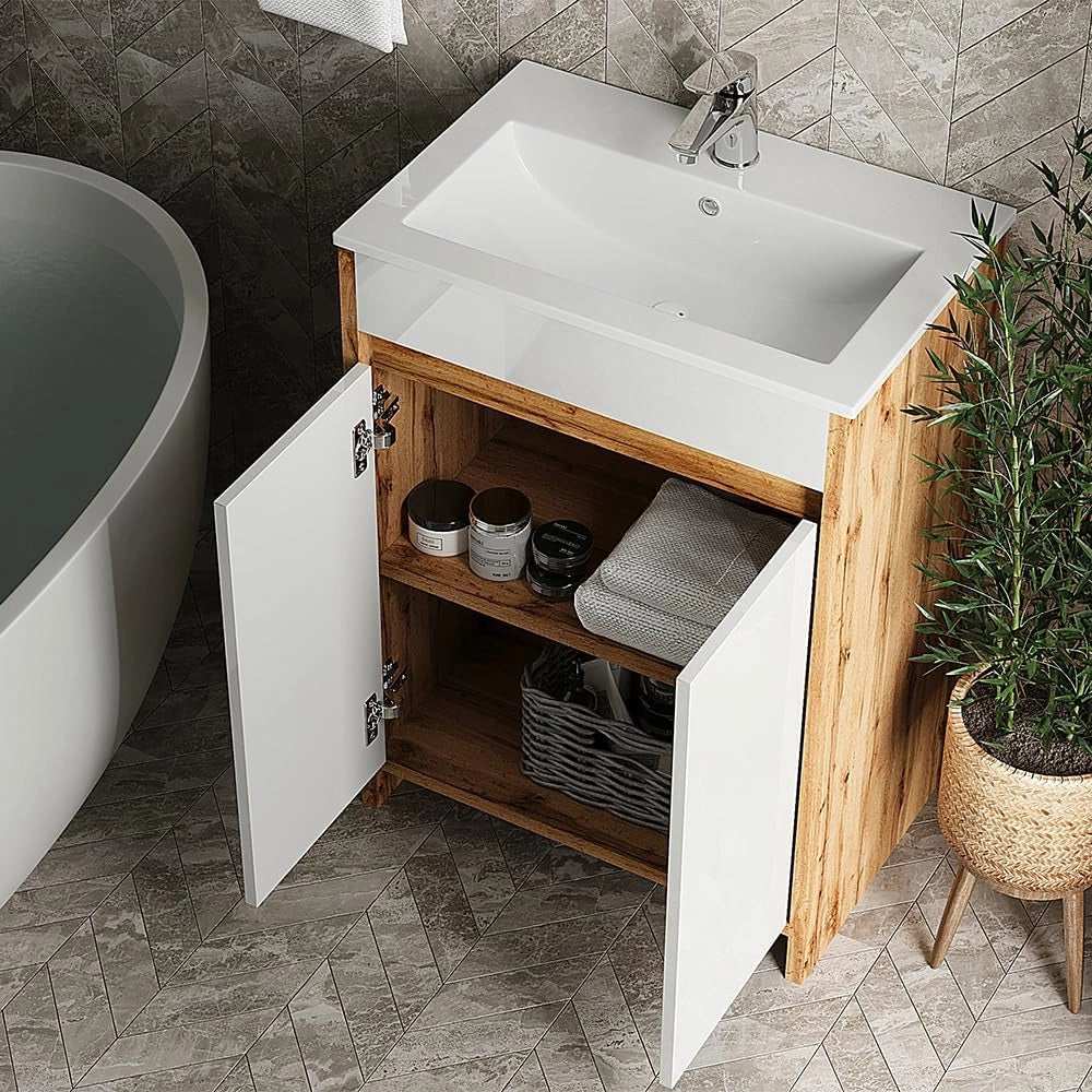 Mobiletto Lemgo, Quercia dorata, 2 parti, composto da mobile sottolavabo e lavabo
