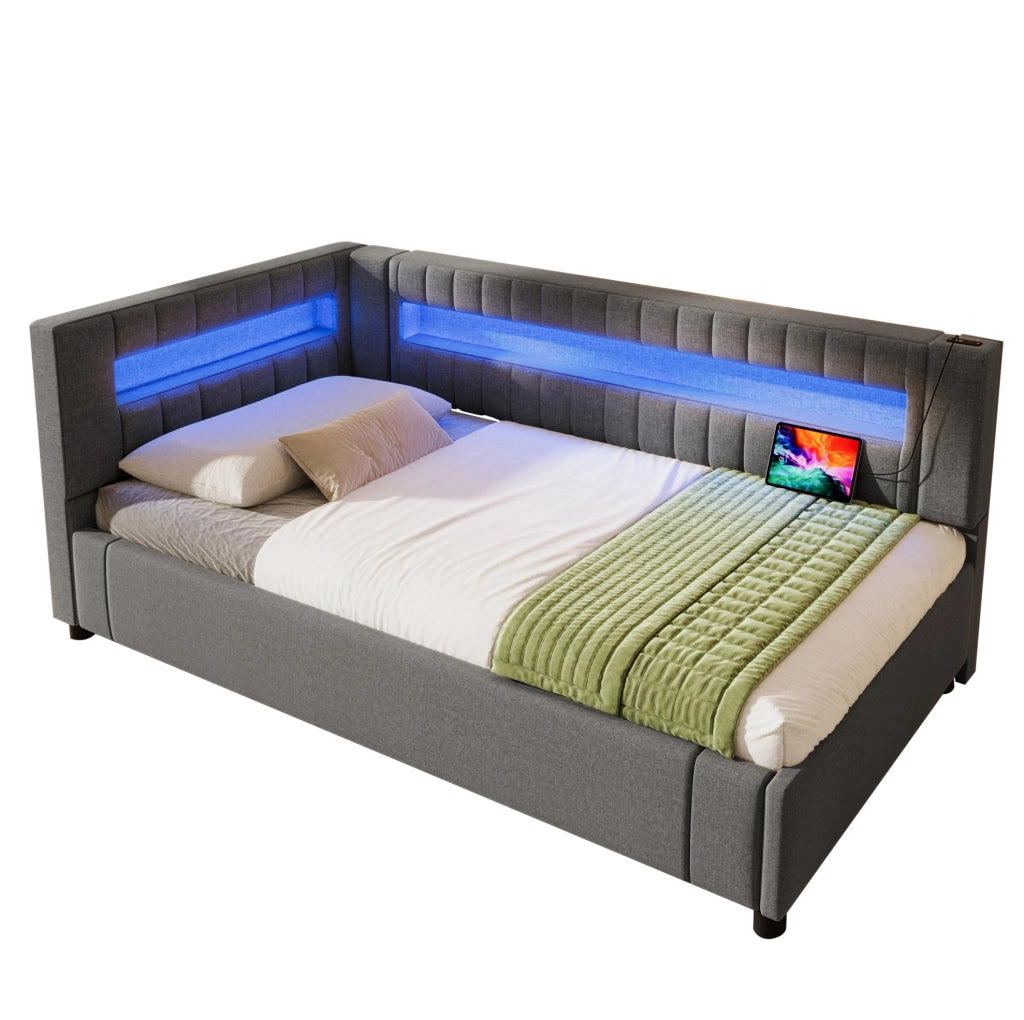 Letto daybed 90x200 cm con contenitore idraulico e LED in lino grigio