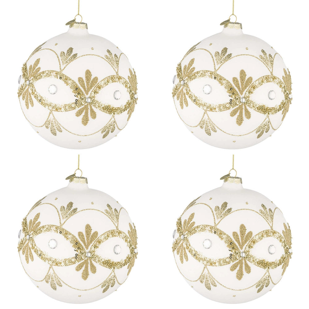 Palline di Natale in Vetro Bianche con Decorazioni Oro Garish Diametro: 100 mm