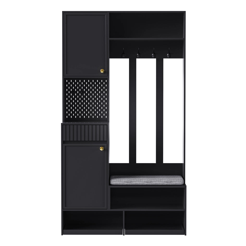 Set mobili da ingresso con appendiabiti, armadio, panca imbottita, 4 ganci e 2 cassetti, in MDF nero