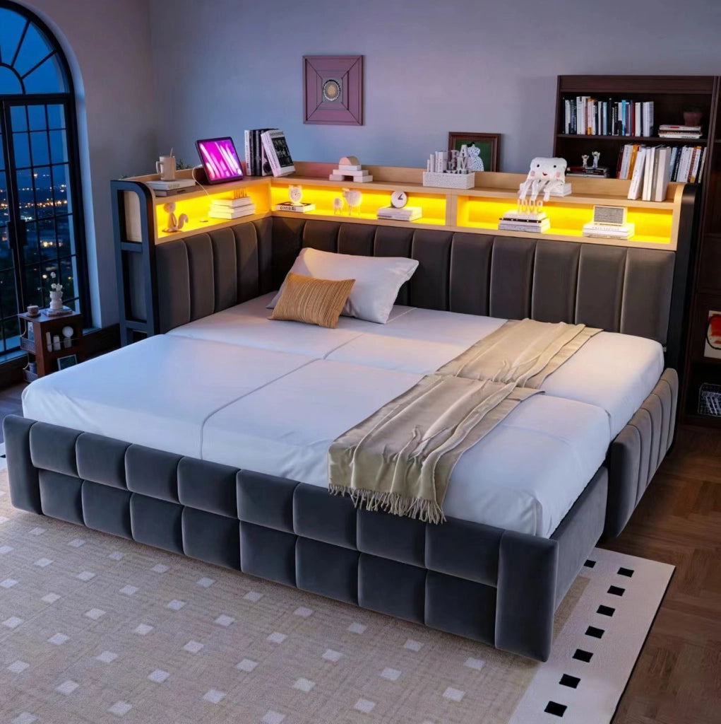 Divano letto estraibile 90/180x200 cm in velluto grigio scuro; con LED; USB; Type-C e contenitori