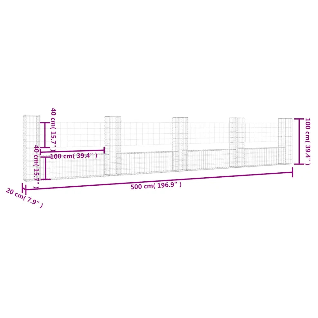 Cesto Gabbione a U con 5 Pali in Ferro 500x20x100 cm 151278
