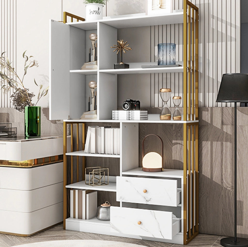 Libreria a 6 ripiani con ante e cassetti; 100 x 30 x 173;5 cm; truciolare bianco e oro
