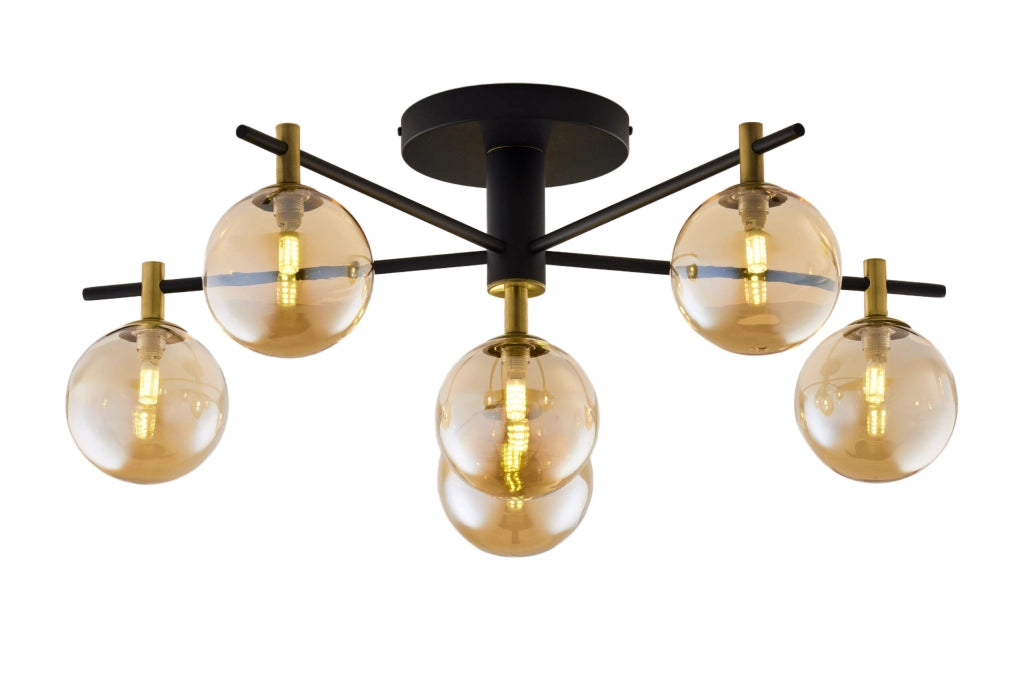 Plafoniera FIGARO Jupiter nera oro, 6 sfere ambra G9