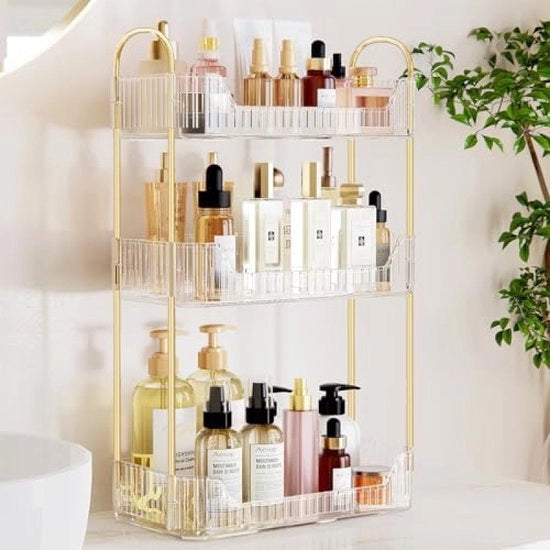 Carrello a tre livelli per oggetti, organizzatore per il lavabo, cassettiera per cosmetici per comò, camera da letto, bagno, trasparente