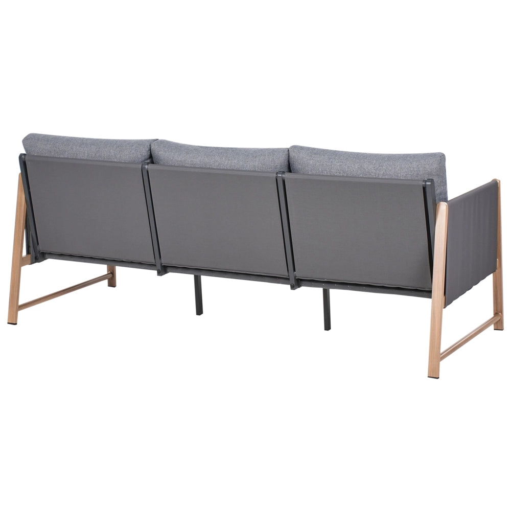 Set di divani da giardino a 5 posti Struttura in metallo grigio con finitura in legno Piano in vetro Divano a 3 posti Ottomano Poltrone