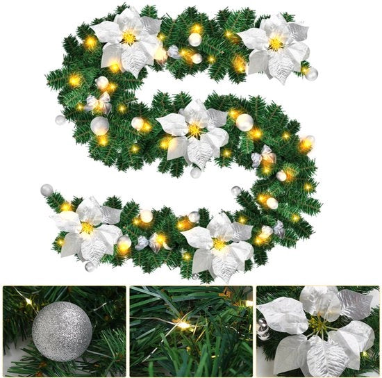 Slinga da Natale da 2,7 metri con fiori d'argento, funziona con batterie
