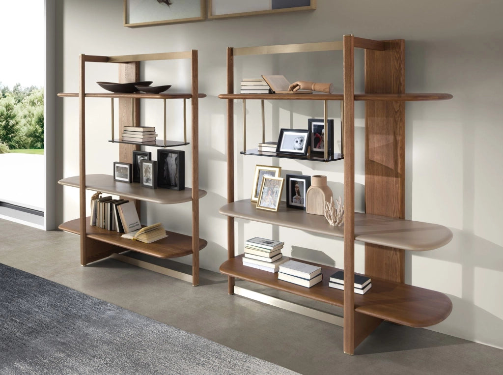 Libreria rettangolare sinistra in noce chiaro e legno color greige