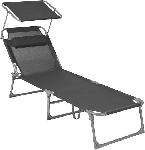 Sedia esterna solare con tetto e schienale regolabile pieghevole in grigio a strisce 55-x-193-x-31-cm 150-kg-sostenibile.