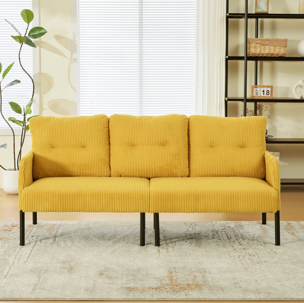 Divano 3 posti in velluto a coste giallo 171x72x80 cm con tasca laterale e struttura in metallo