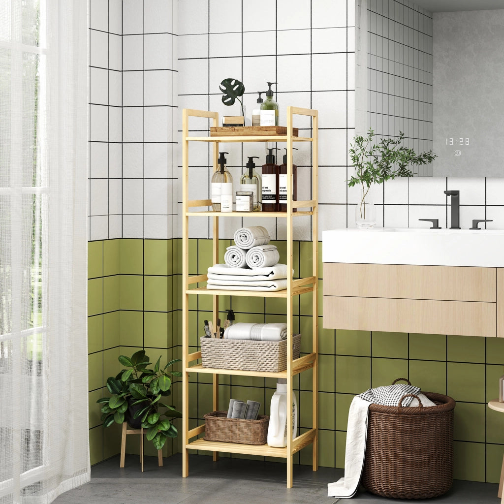 Scaffale Bagno a 5 Ripiani Regolabili in Altezza in Bamb¨´, 43.5x31.5x142 cm, Legno Naturale