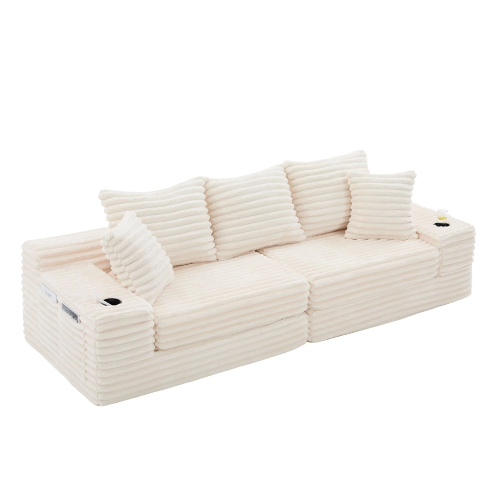 Divano letto con schienale alto tasche laterali e portabicchieri cuscini trasformabile in velluto a coste beige