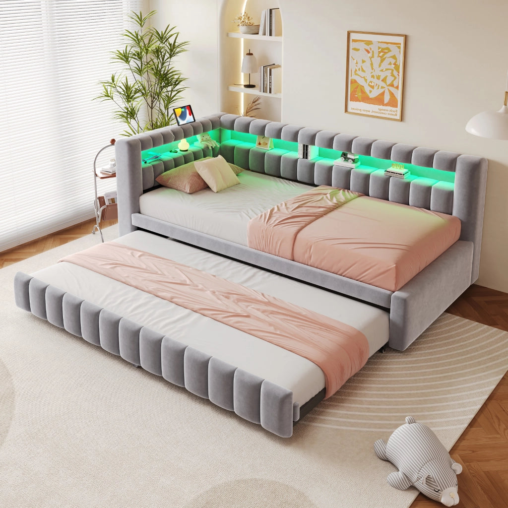 OKWISH Letto a Divano 90×200 cm, Letto Singolo con Letto Estraibile, LED Regolabile, USB, Tipo C e Mensole, senza Materasso, Grigio Chiaro