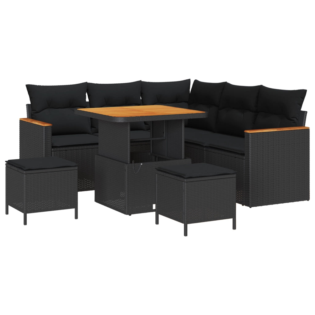 Set Divano da Giardino  8 Pezzi con Cuscini Neri in Polyrattan e Acacia
