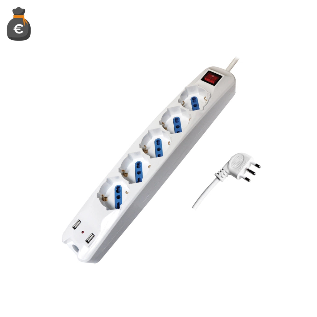 Alcapower Multipresa Elettrica 5 Prese Bipasso Schuko 3500W con 2 Porte USB 2.1A, Cavo 1.5m e Spina Salvaspazio 90° per Ufficio e Casa Alta Qualità