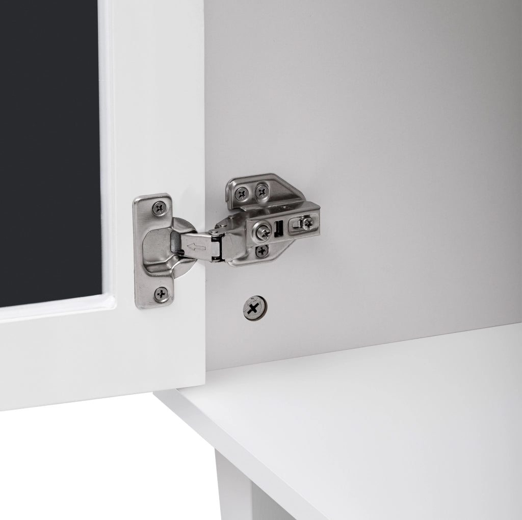 Sideboard in MDF bianco con quattro ante a specchio, ripiani regolabili e due ampi cassetti