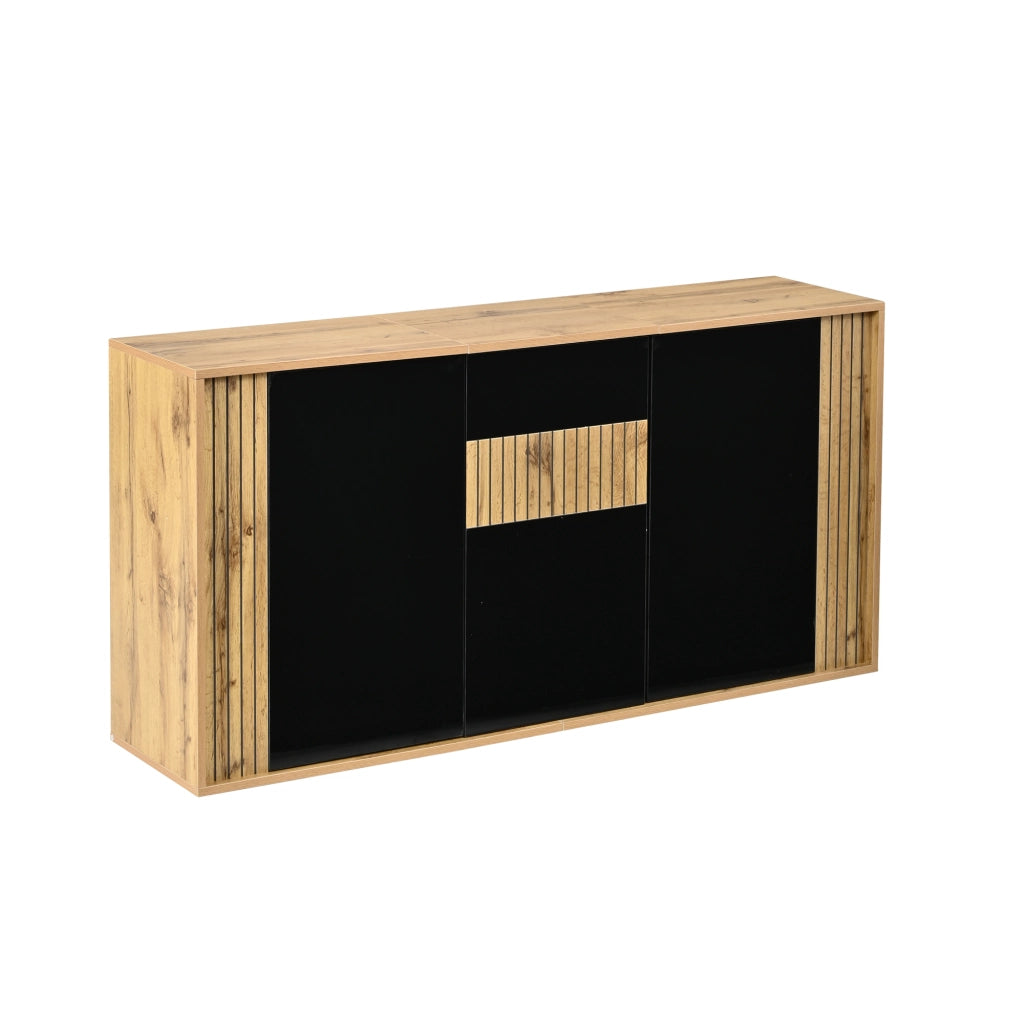 Credenza con 3 ante e 6 vani, push-to-open - per soggiorno - in MDF e truciolare - nero e legno