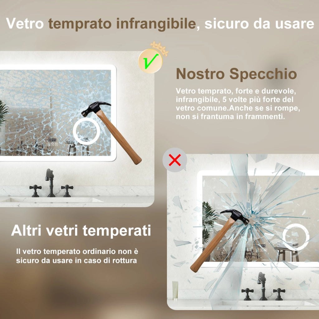 Specchio bagno Rettangolare 140x80cm Led Con 3 Luci + 3X Lente d'ingrandimento + Bluetooth + Orologio + Antiappannamento
