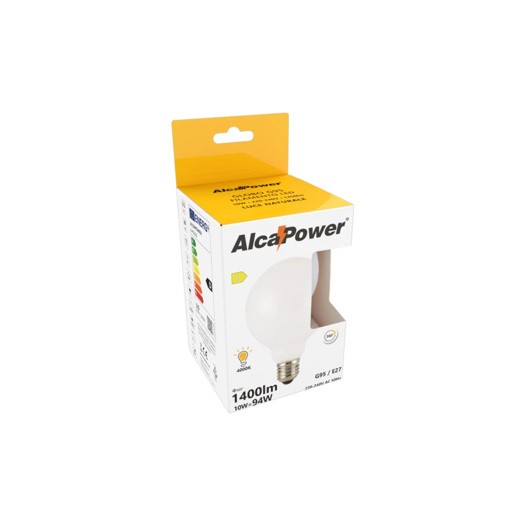 Alcapower Lampadina LED Globo G95 ClassicLED Vetro Bianco 10W E27 1400lm 4000K Luce Naturale 360° - Efficienza Energetica Classe D ad Alte Prestazioni