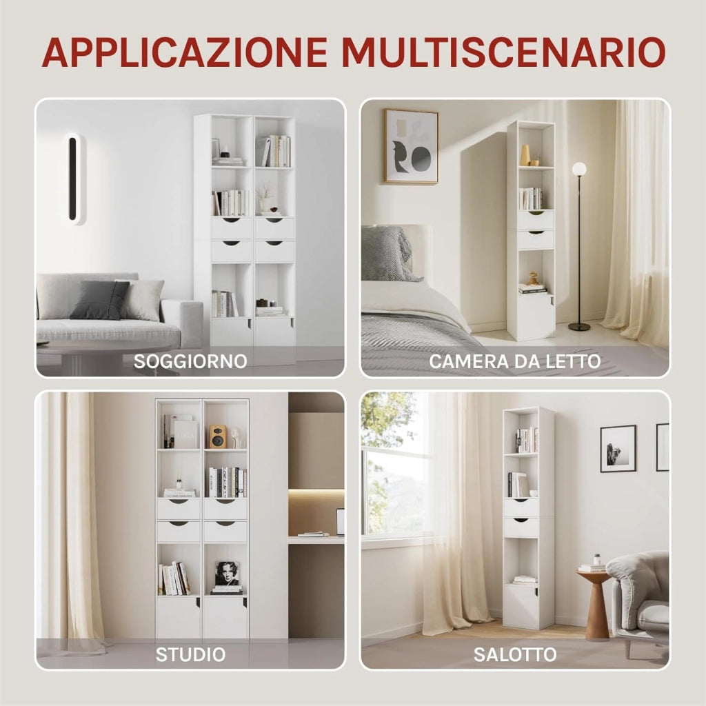 Libreria Verticale, in Legno, con 3 Vani Aperti, 2 Cassetti e 1 Armadietto, Mobile Portaoggetti da Terra con Ripiano Regolabile, Bianco, 30x24x158cm