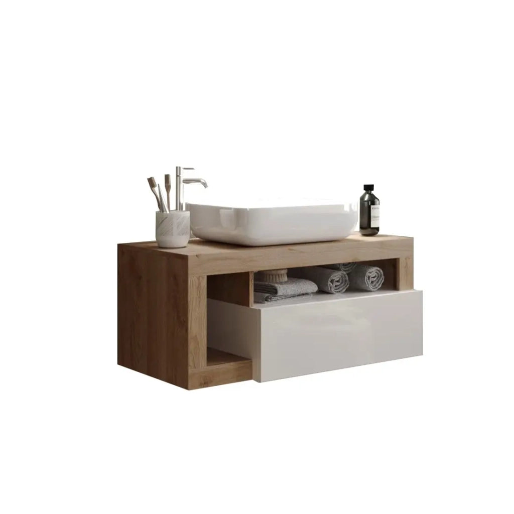 Mobile da bagno sospeso con lavabo e cassetto, lunghezza 79 cm, collezione BURA, colori bianco lucido e rovere chiaro.