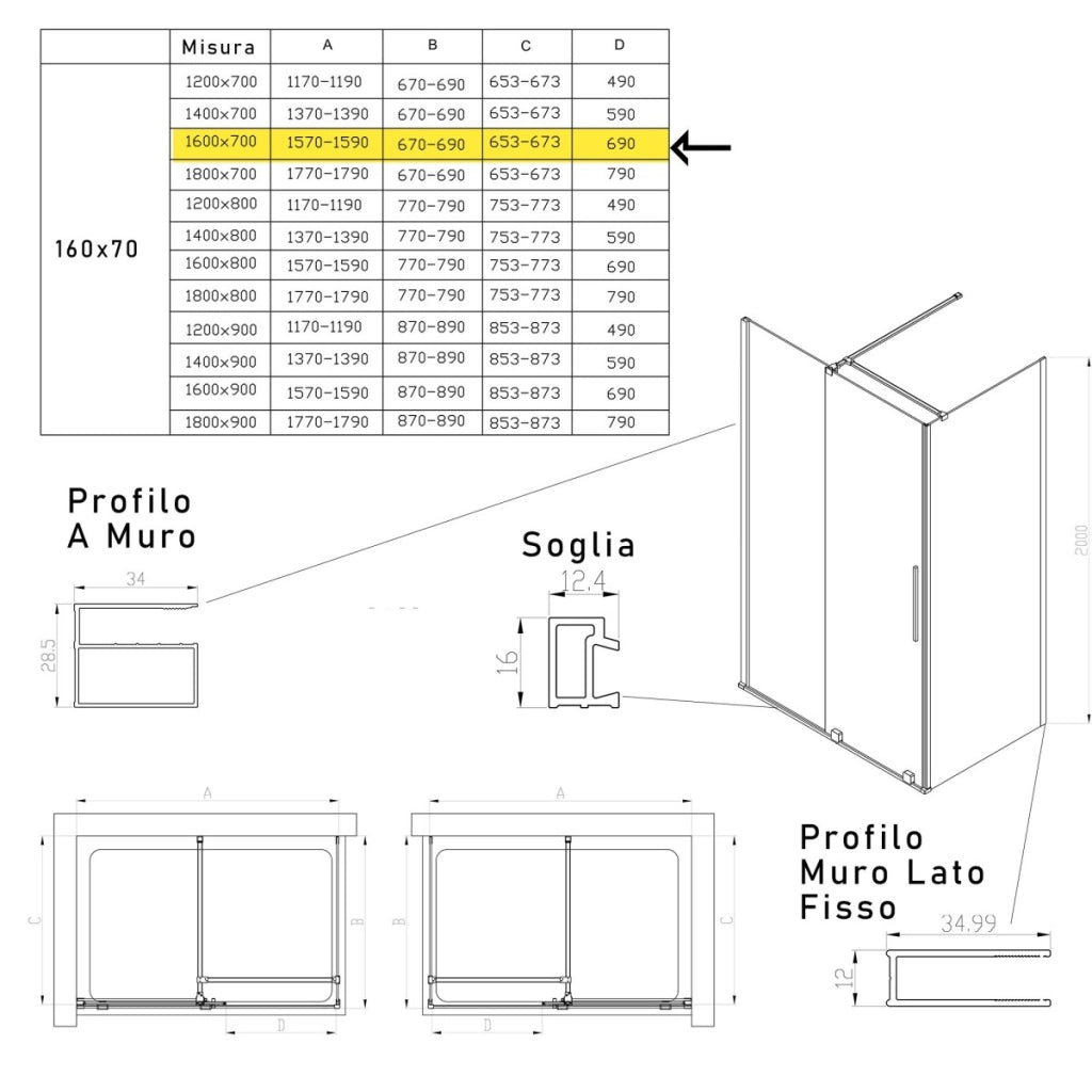 Box doccia due lati anta scorrevole senza profili 8mm h200 brenta, misura 70x160