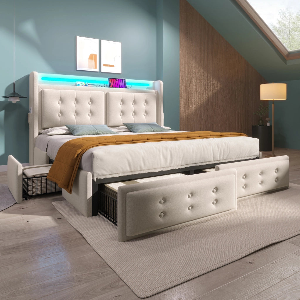 Letto matrimoniale 180x200 cm con LED; USB C e 4 cassetti; tessuto beige