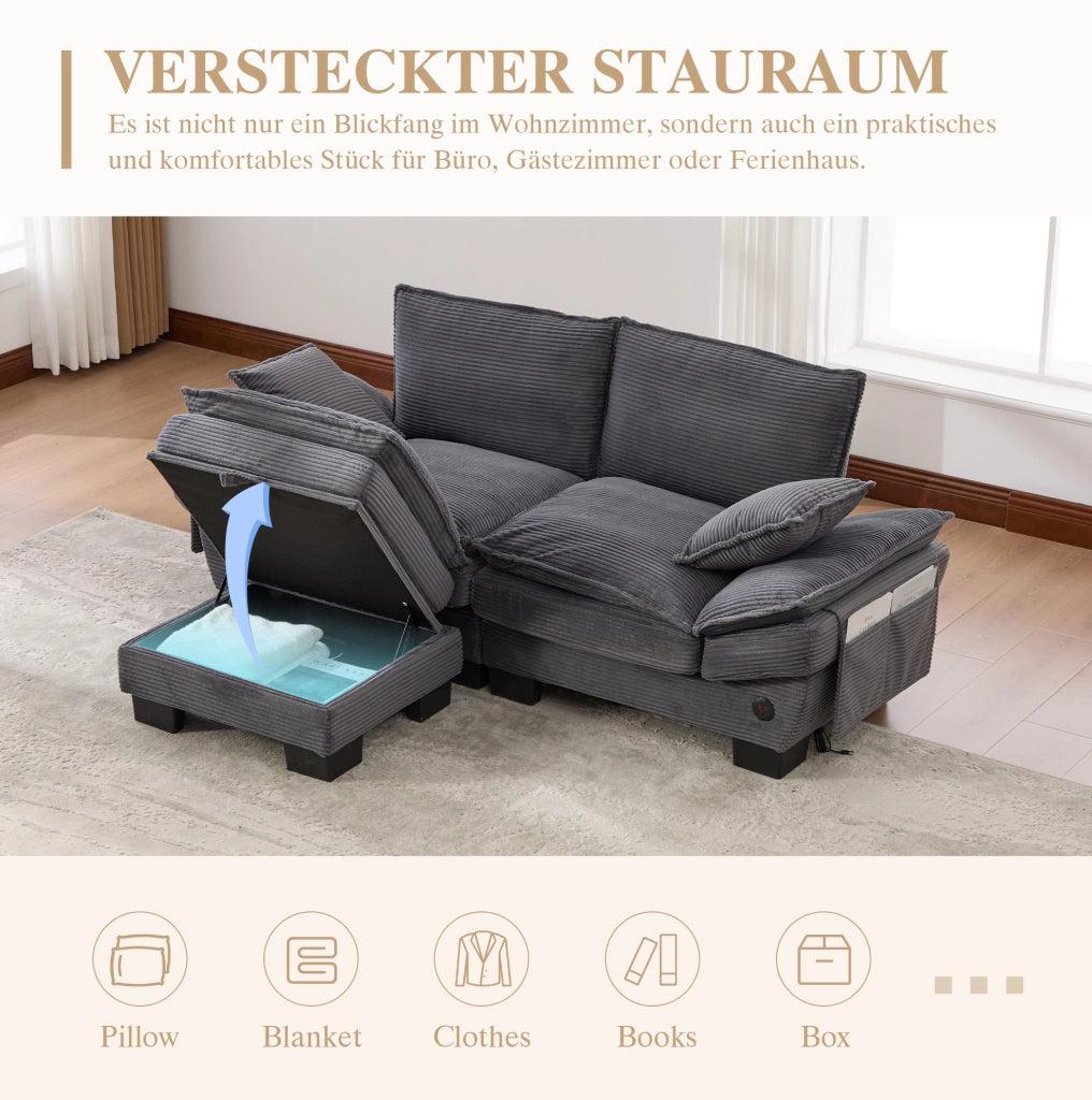 Divano 2 posti con pouf e porta USB-C in tessuto corduroy; 190x132x84 cm; grigio scuro