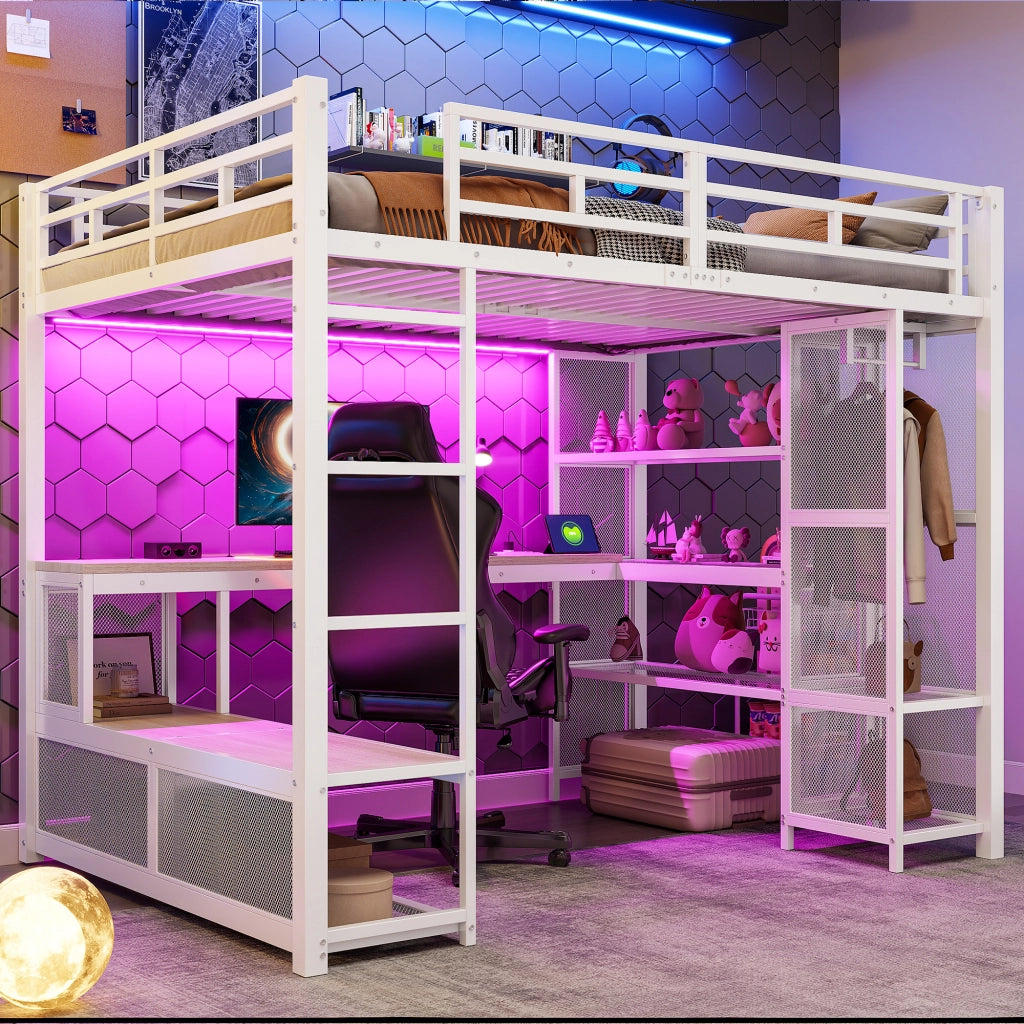 Letto a soppalco 140 × 200 cm con scrivania, ripiani, armadio aperto e LED, senza materasso, bianco