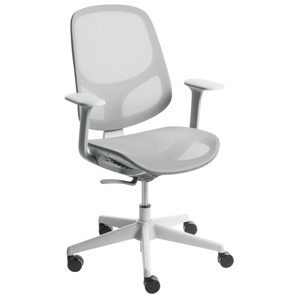 Sedia da ufficio grigio in rete con base girevole, braccioli e altezza regolabile per ufficio domestico e open space