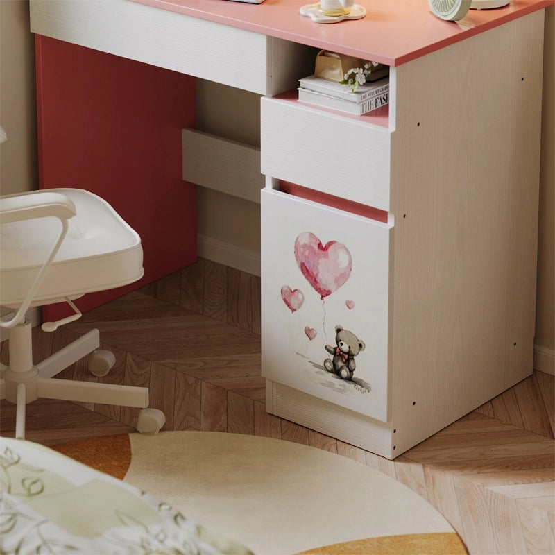 Scrivania per bambina con orsetto rosa, stile loft moderno, con ripiano e cassetto